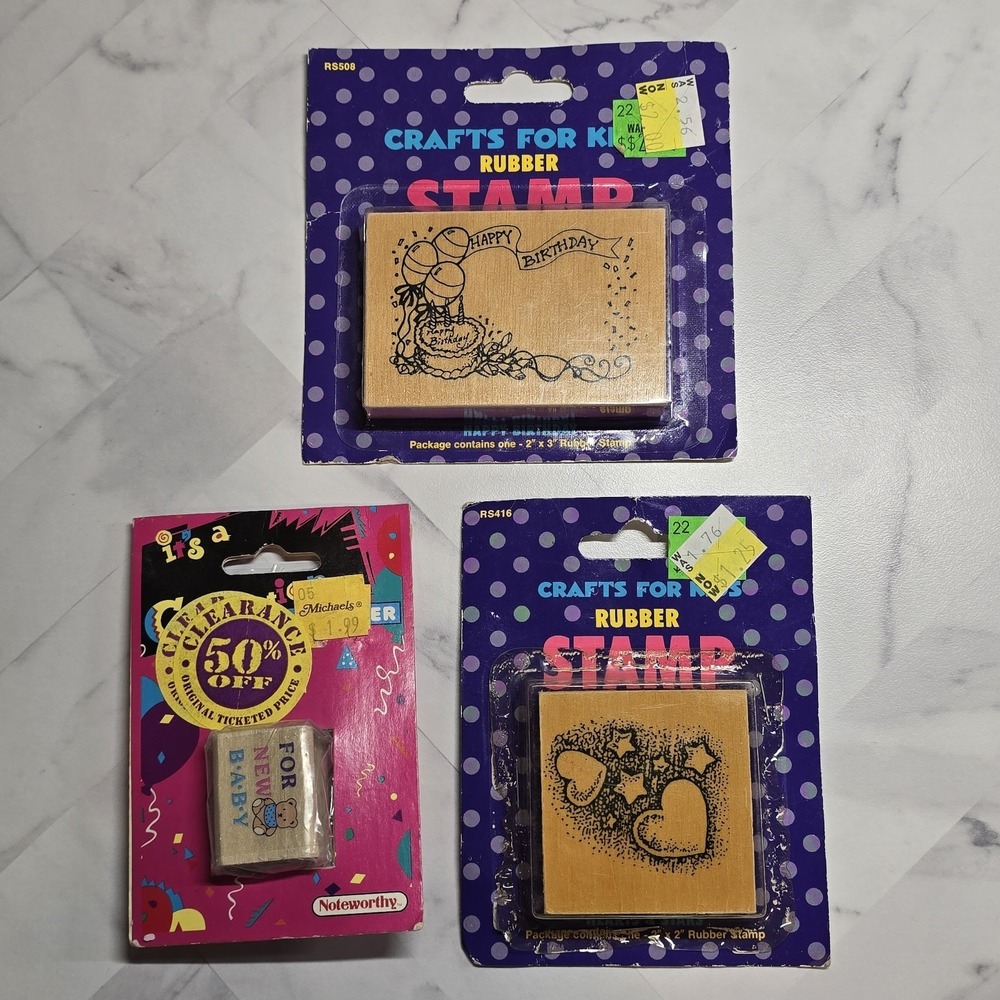Lot of 3 Vintage Retro Rubber Stamps - Happy Birthday, Hearts & Stars, New Baby
